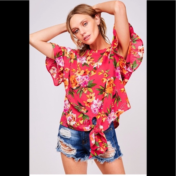 Fuchsia Floral Ruffle Print Top - Picture 1 of 5